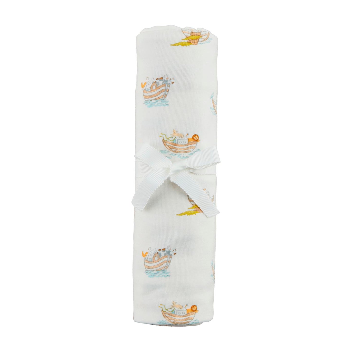 A swaddling blanket with a Noah's Ark theme, rolled up and tied with a ribbon.