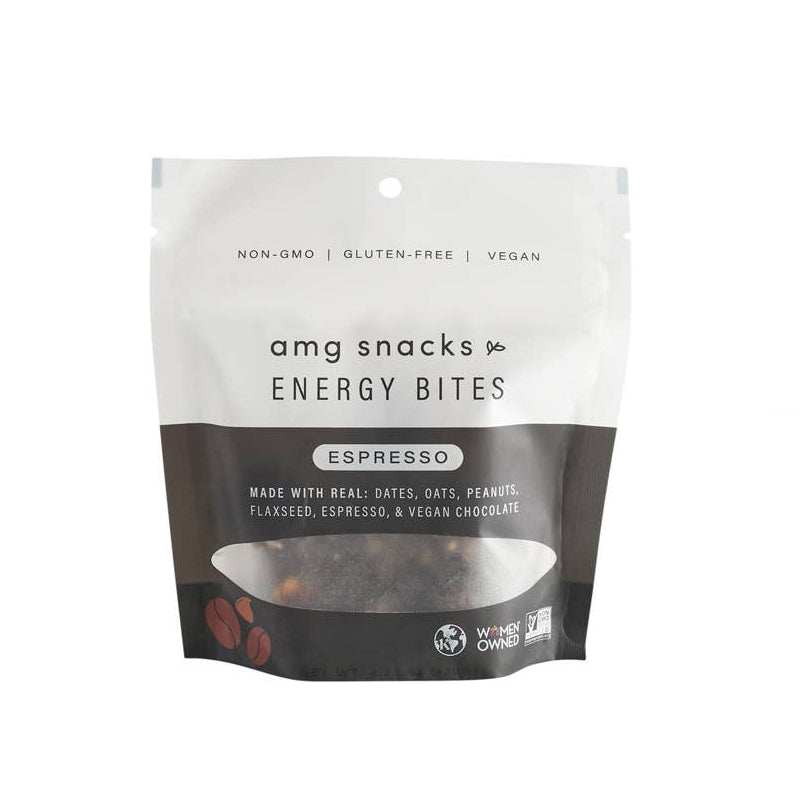 Package of amg snacks & energy bites Espresso flavor on a white background