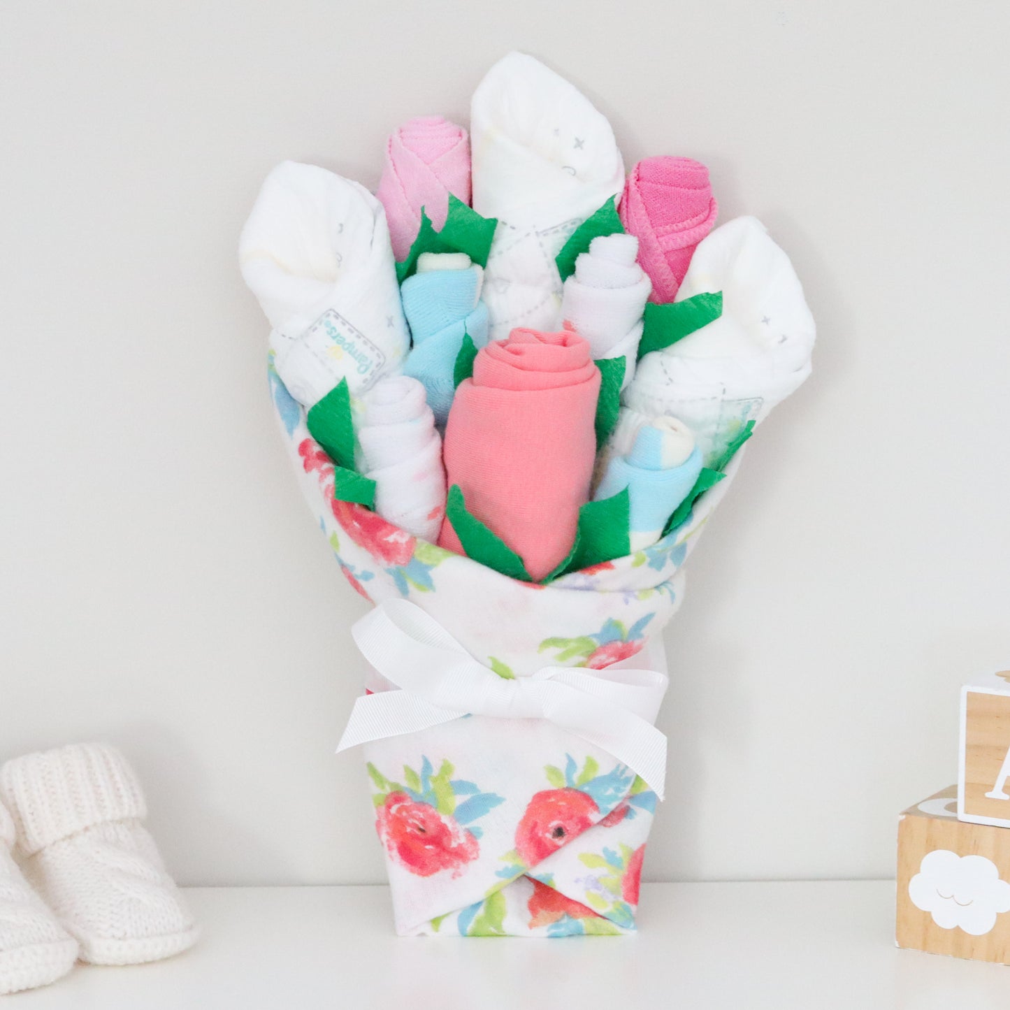 Coral Floral Baby Gift Set Bouquet