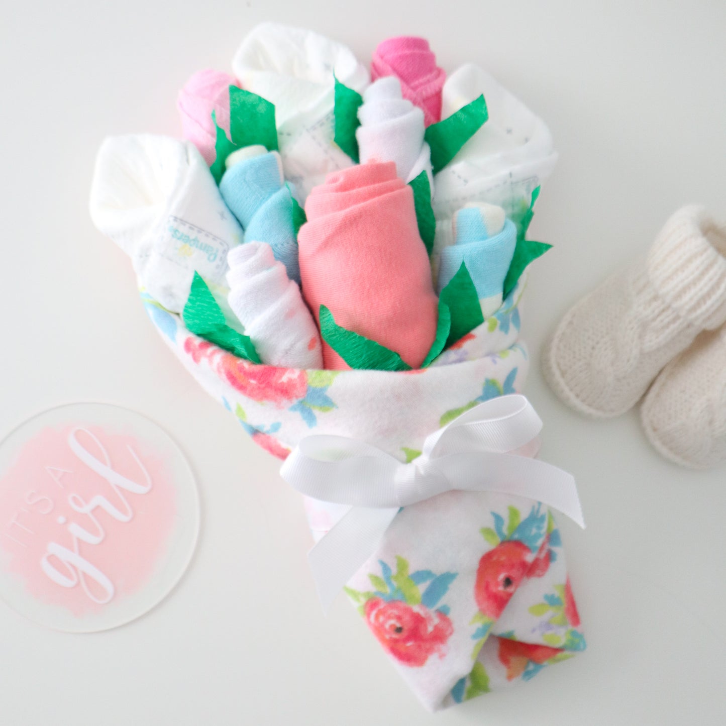 Coral Floral Baby Gift Set Bouquet