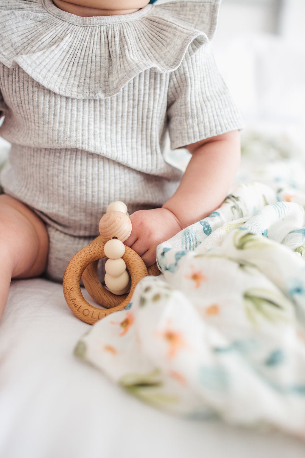 Bubble Silicone and Wood Rattle - Beige - Baby Blossom Company