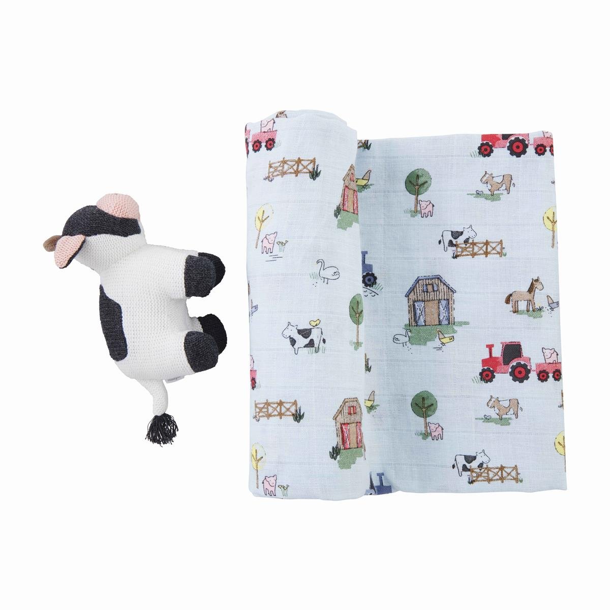 Mud Pie Baby Blue Farm Swaddle Blanket and Knit Cow Rattle Baby Blossom Company