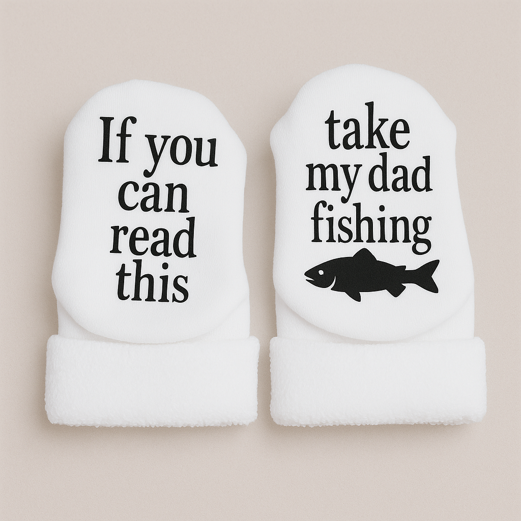 White baby socks with humorous text and fish design on a beige background