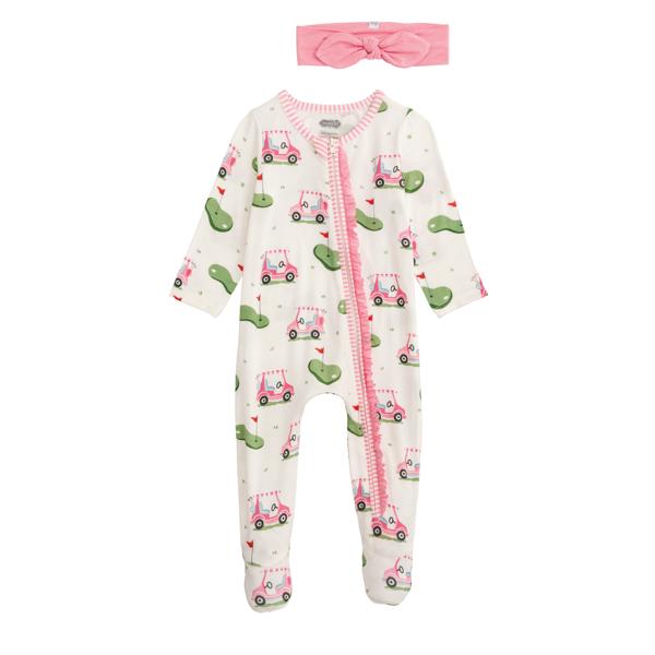 Baby onesie with pink and green golf pattern and matching headband on a white background