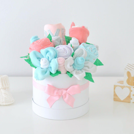 Pink + Aqua Rosette Baby Girl Gift Box Bouquet - Baby Blossom Company