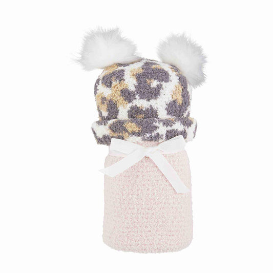 Pink Chenille Blanket & Leopard Hat Set