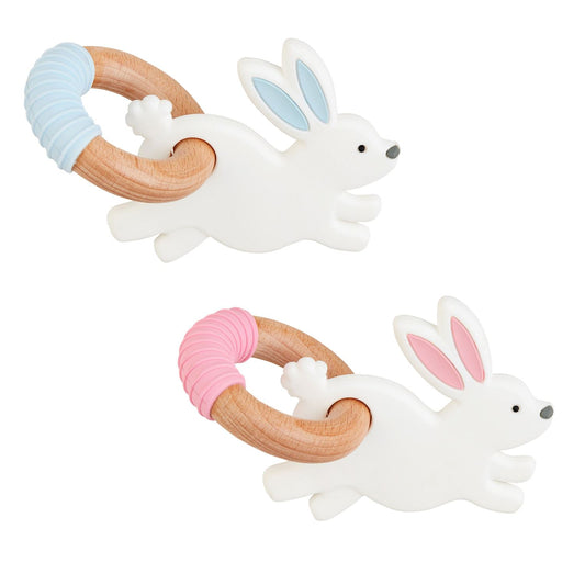 mud pie bunny silicone teethers in blue and pink