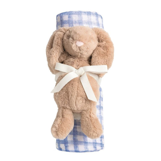 Tan Bunny & Blue Check Swaddle & Rattle
