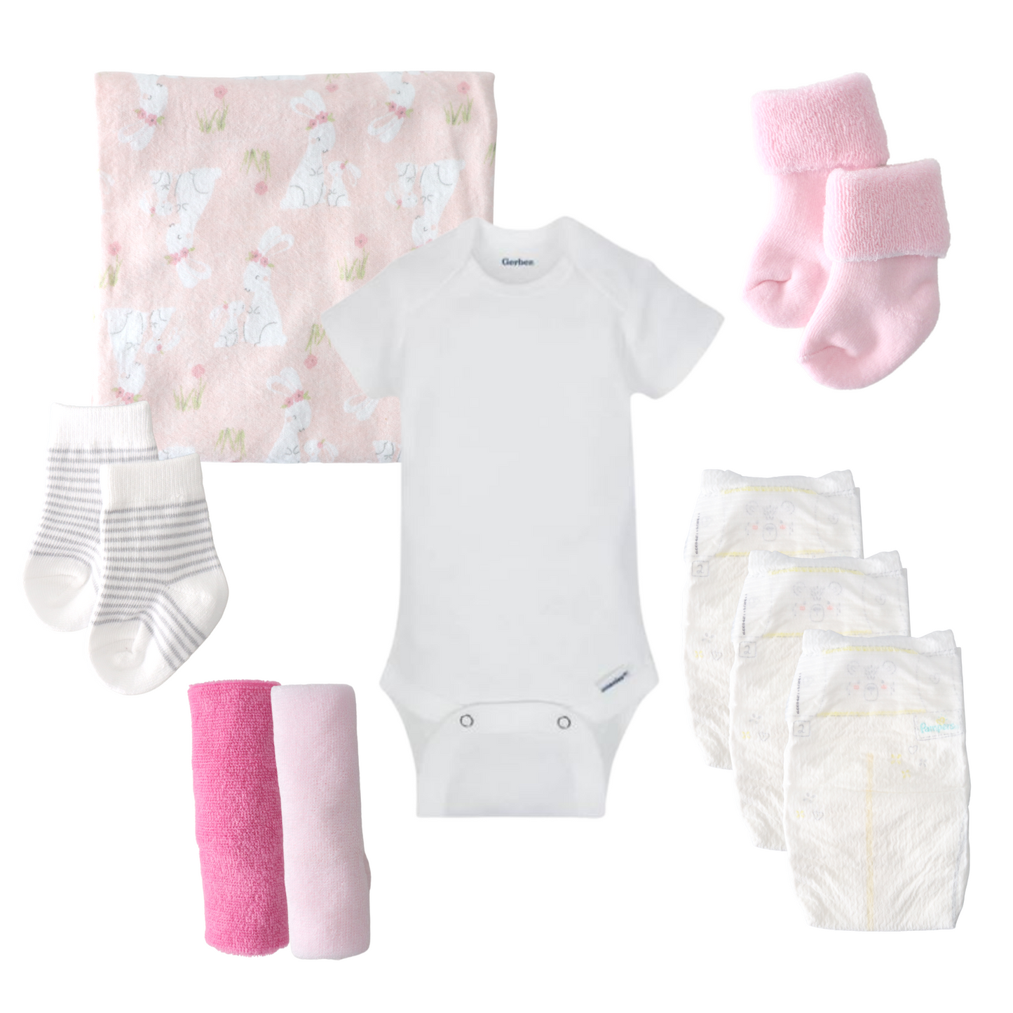 pink baby bouquet contents onesie blanket socks diapers washcloths