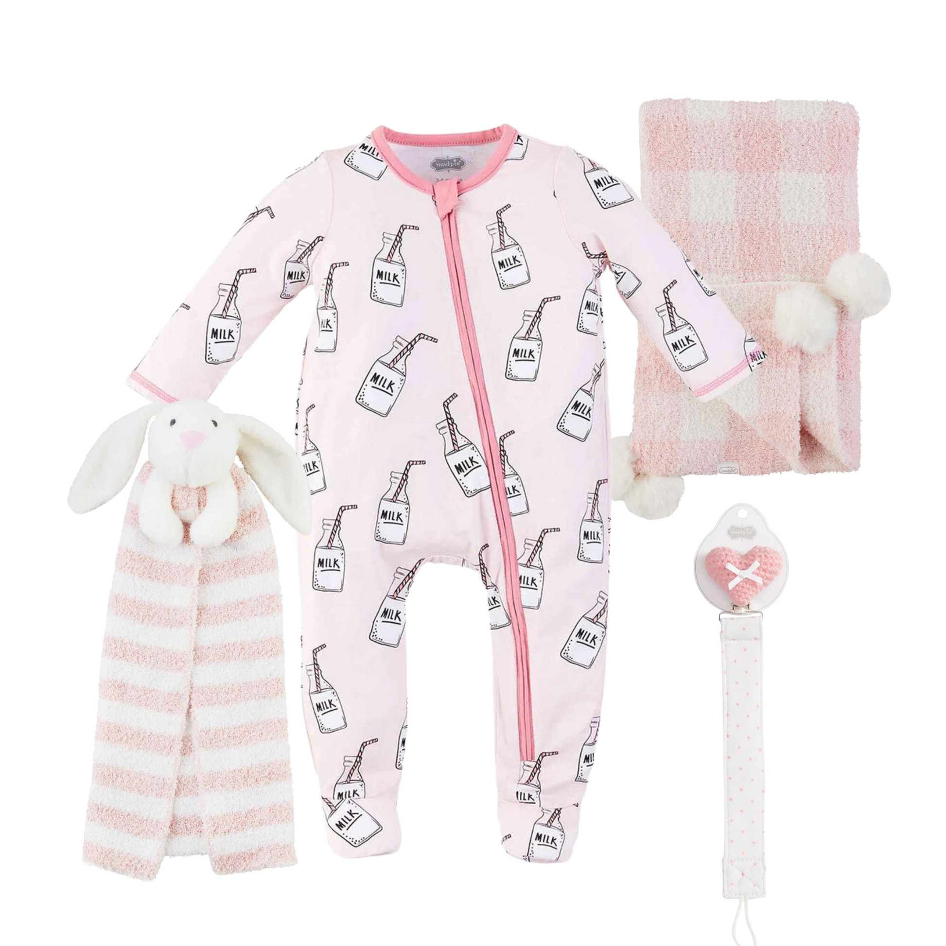 it's a girl pink baby gift set with lovey blanket milk sleeper and pacifier clip