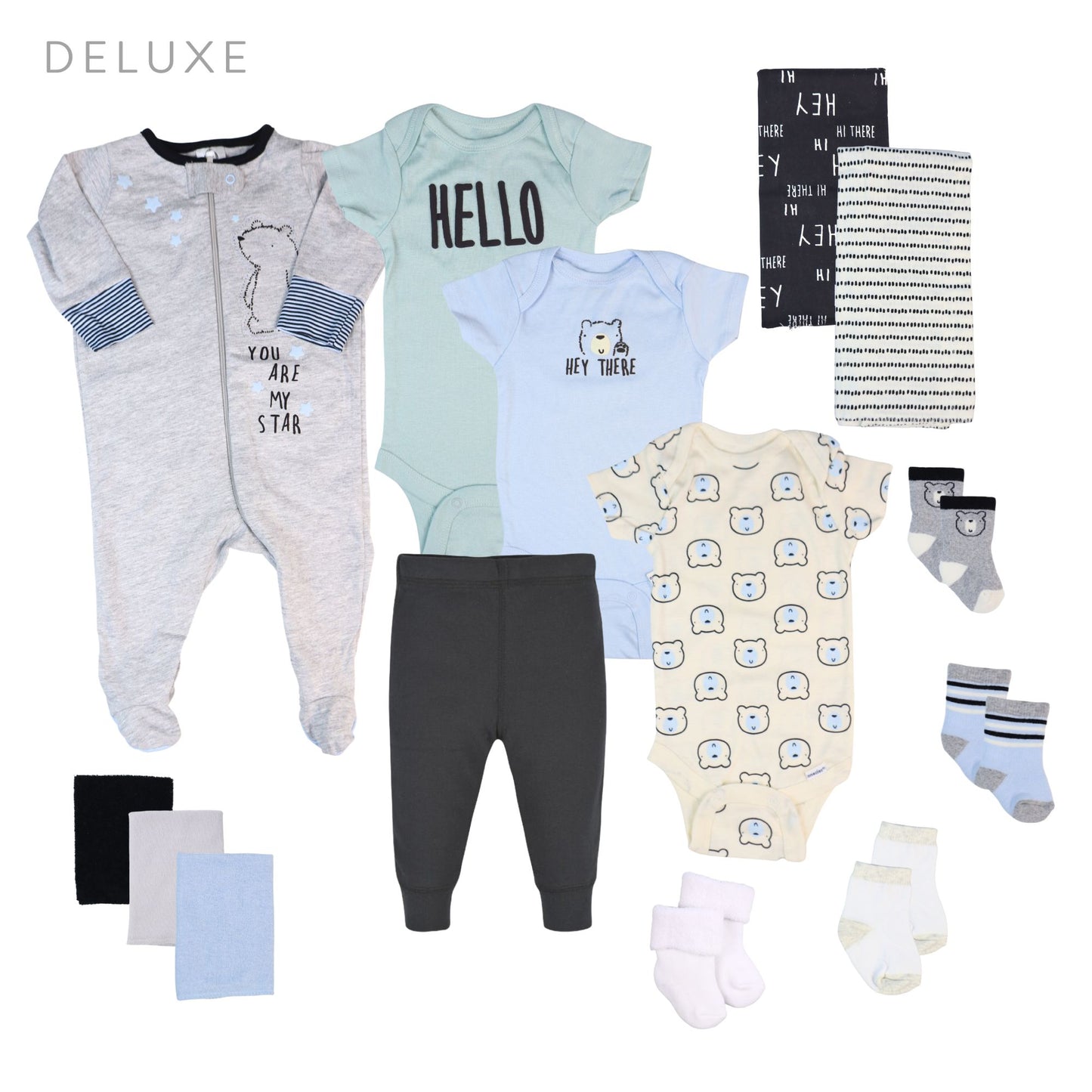 baby boy gift box clothing set including bear sleeper onesies pants  burp cloths washcloths and socks