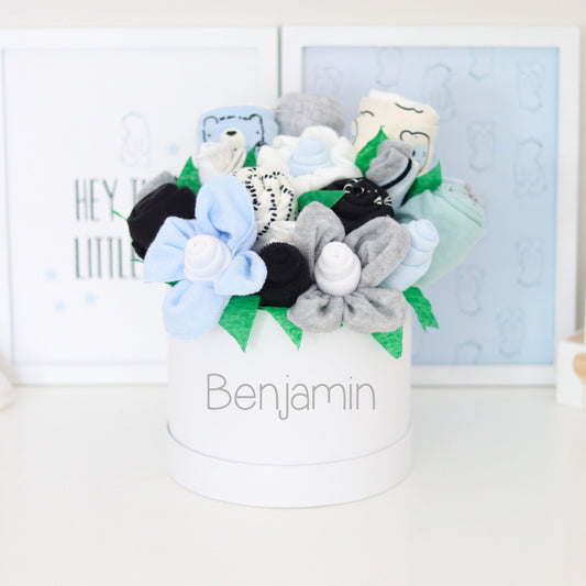 personalized baby boy gift box bear cub bouquet deluxe