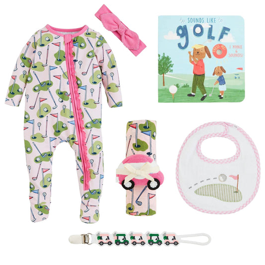 girl golf baby gift bundle including sleeper, headband, book, swaddle, rattle, bib and pacifier strap