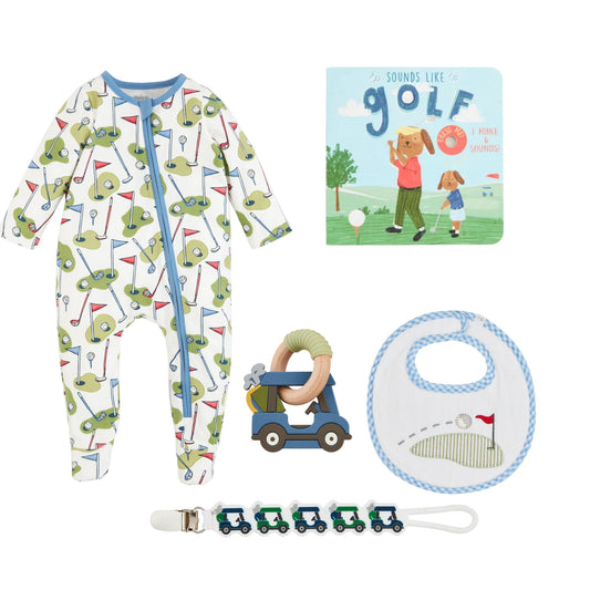 golf baby boy gift set including book, sleeper, bib, teether, and pacifier strap