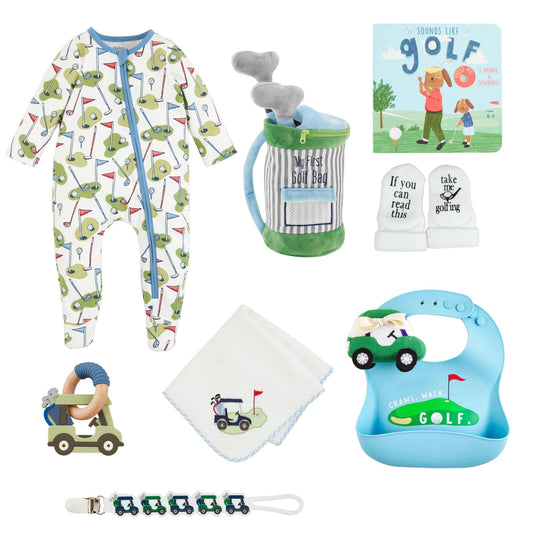 the ultimate baby golf gift set including sleeper, plush play set, book, socks, blanket, bib, rattle, teether and pacifier strap