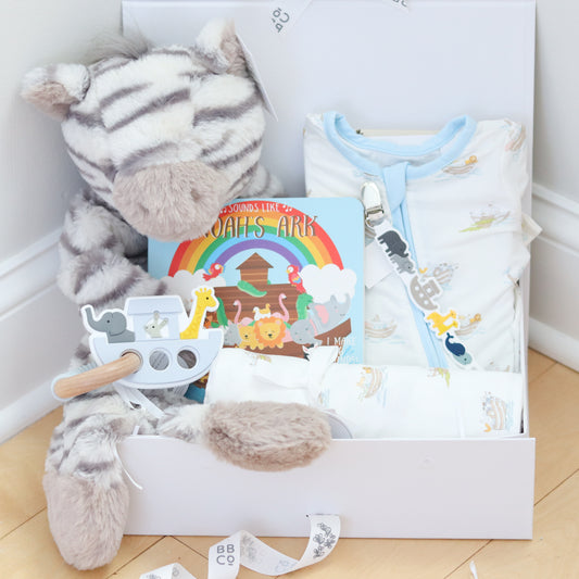 Noah's Ark New Baby gift box with plush toys, a book, and a baby bouncer on a wooden floor.