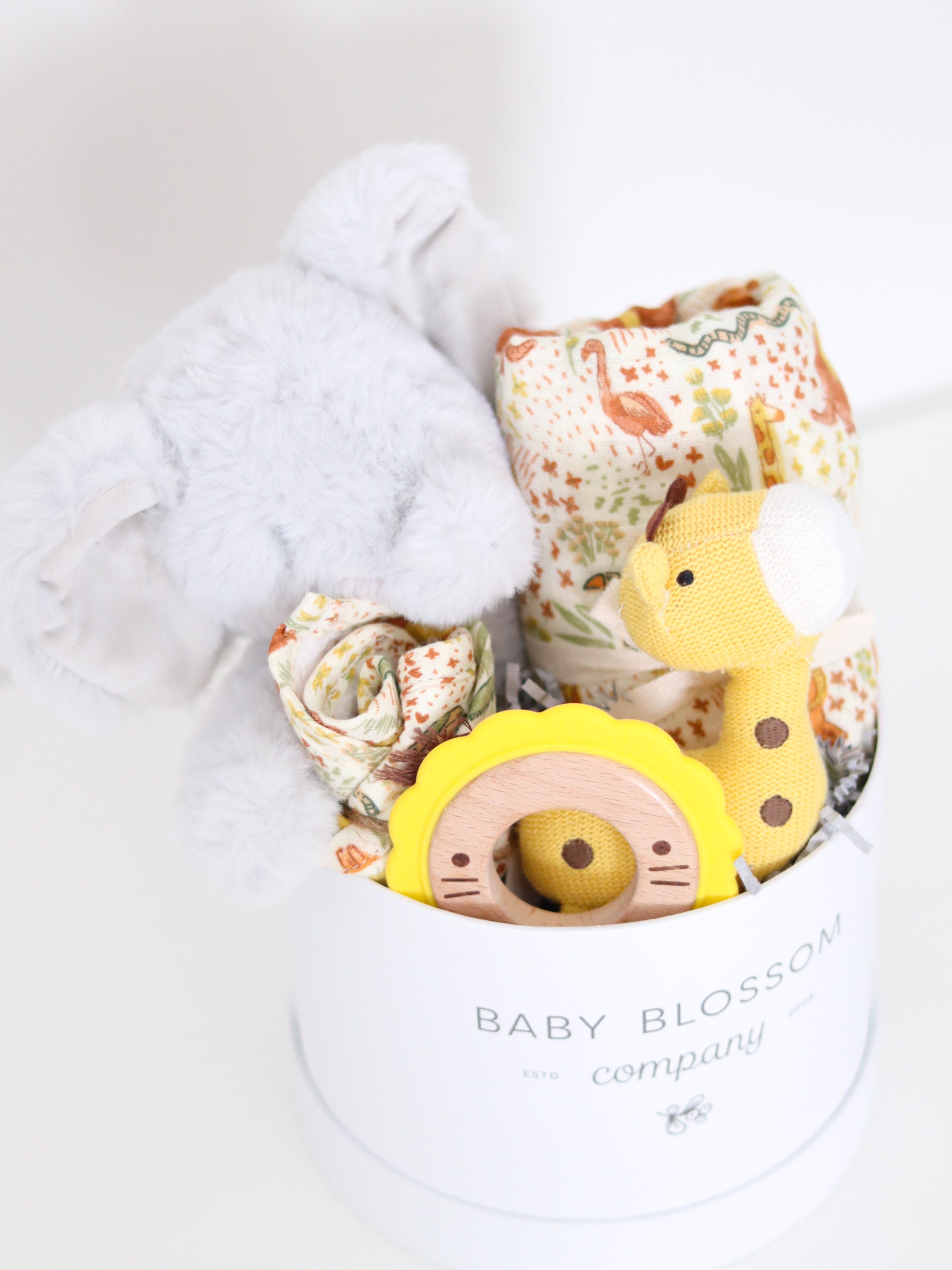 safari baby gift box - plush elephant, teether, rattle, bib, swaddle