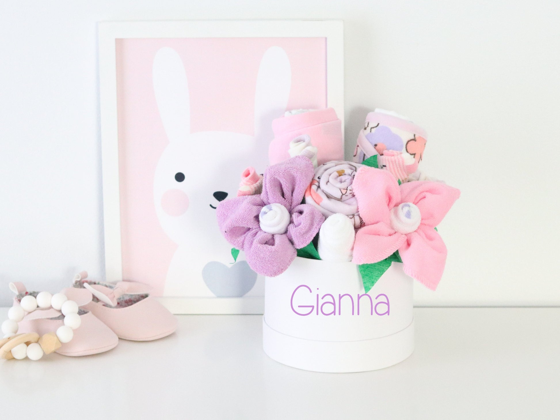 personalized baby girl gift box in pink and purple in size petite