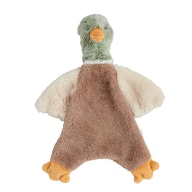 A plush duck security blanket featuring a soft brown body, cream wings, a green head, and orange beak and feet, isolated on a white background.