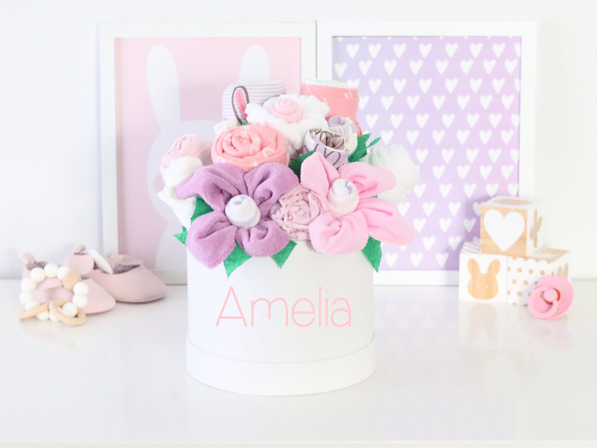 pink and purple baby girl gift box