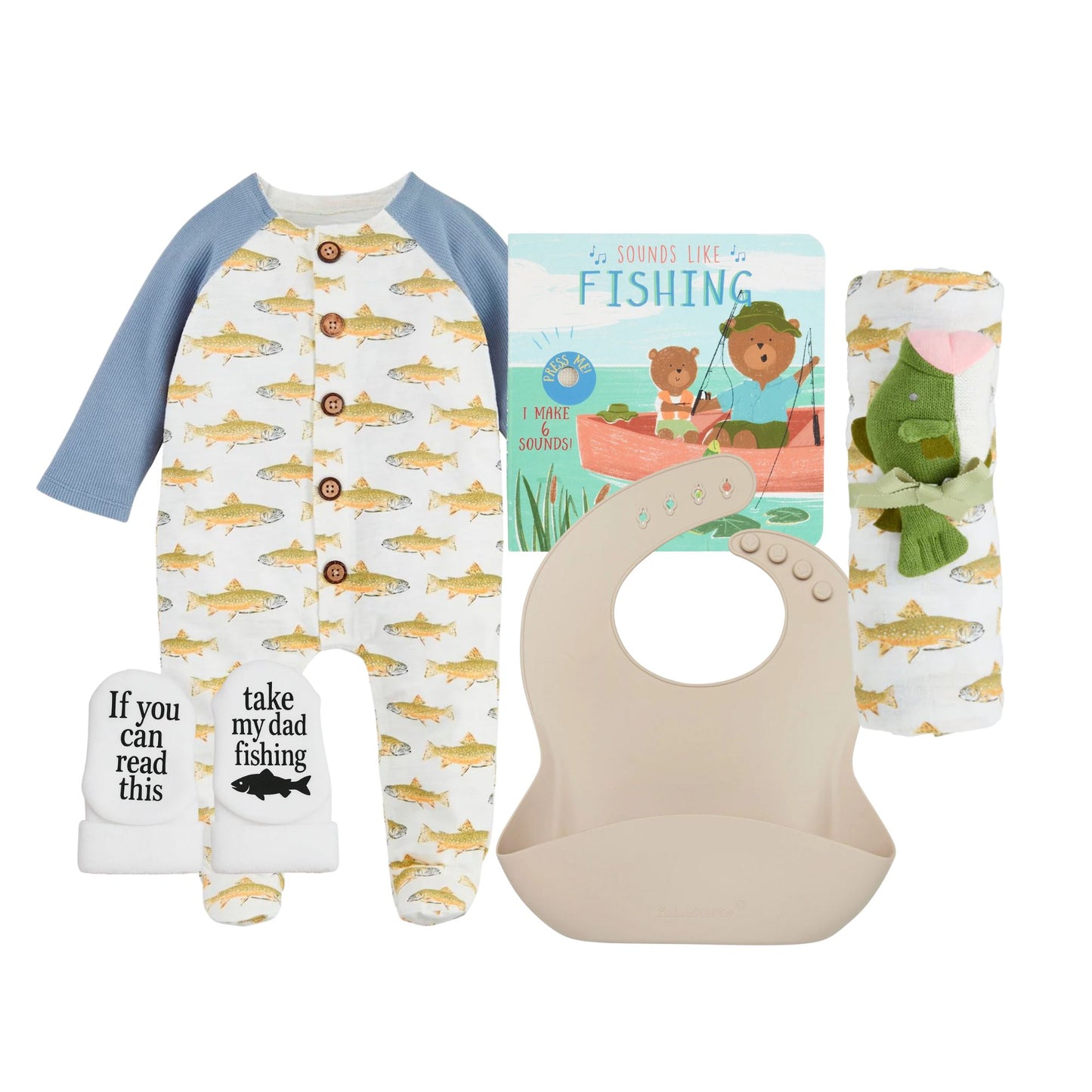 Fishing baby clothing and accessories set with bib, onesie, and book on a white background