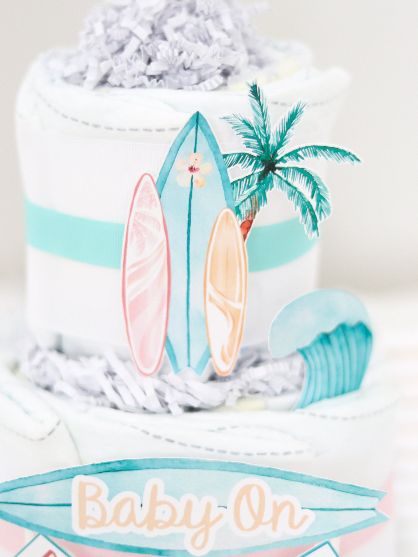 surf board diaper cake decorations