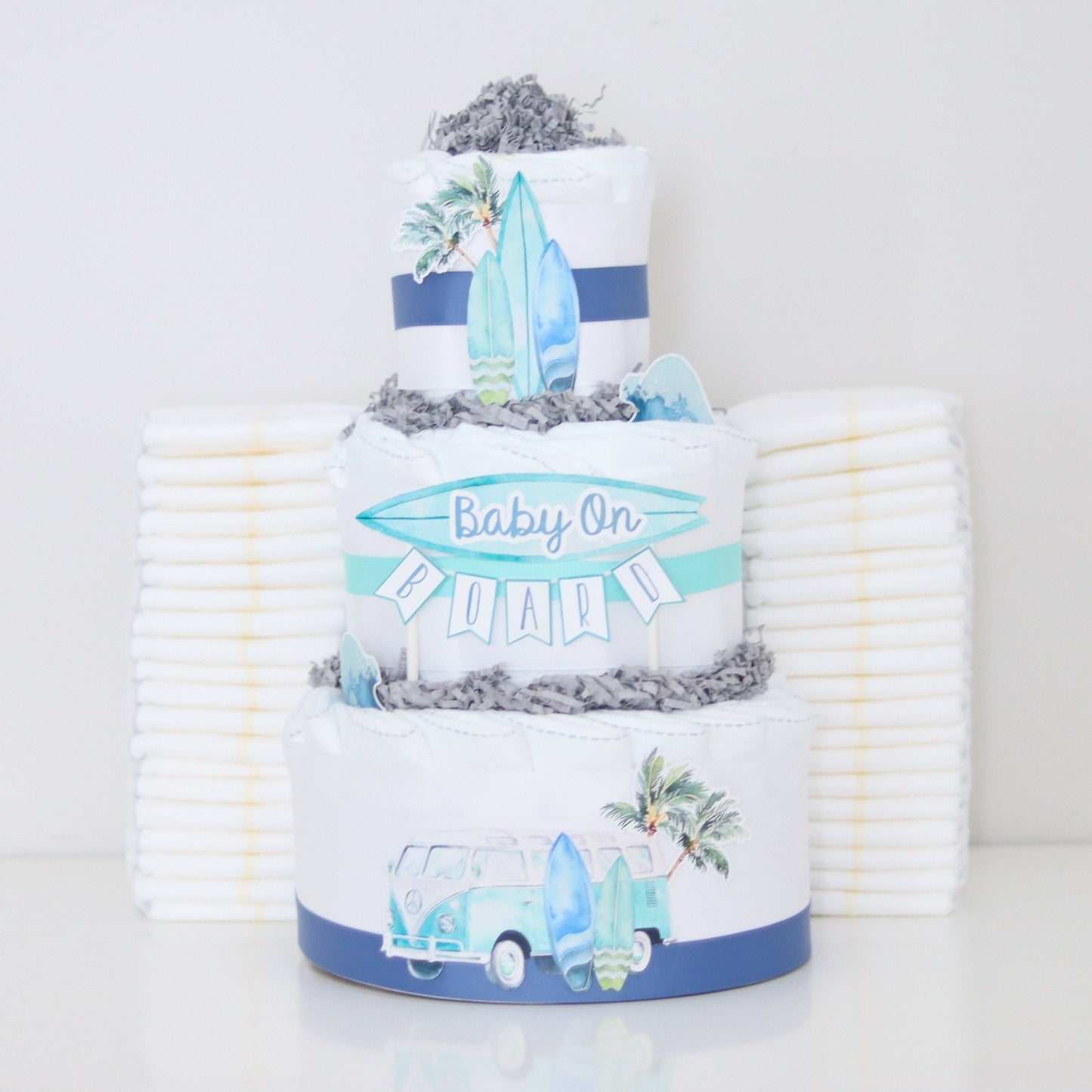 baby on board surfing theme diaper cake