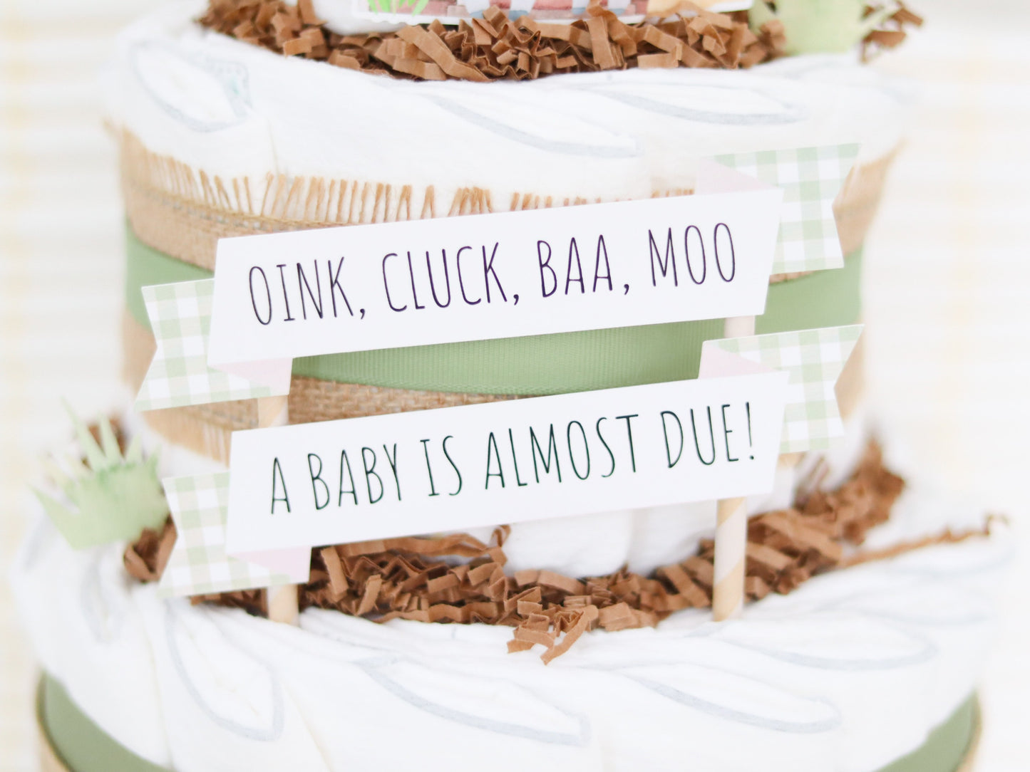 oink cluck baa moo a baby is almost due diaper cake sign in green
