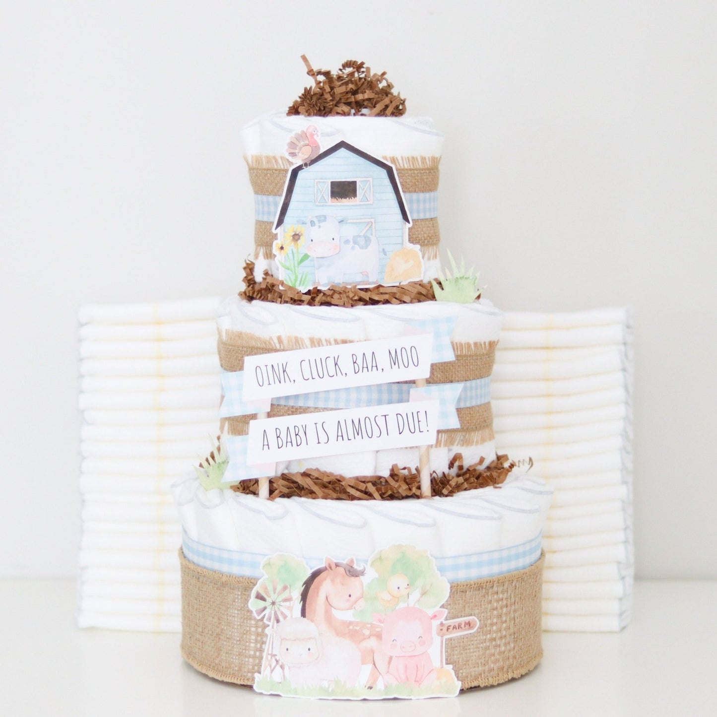 Barnyard Friends Diaper Cake - Blue - Baby Blossom Company