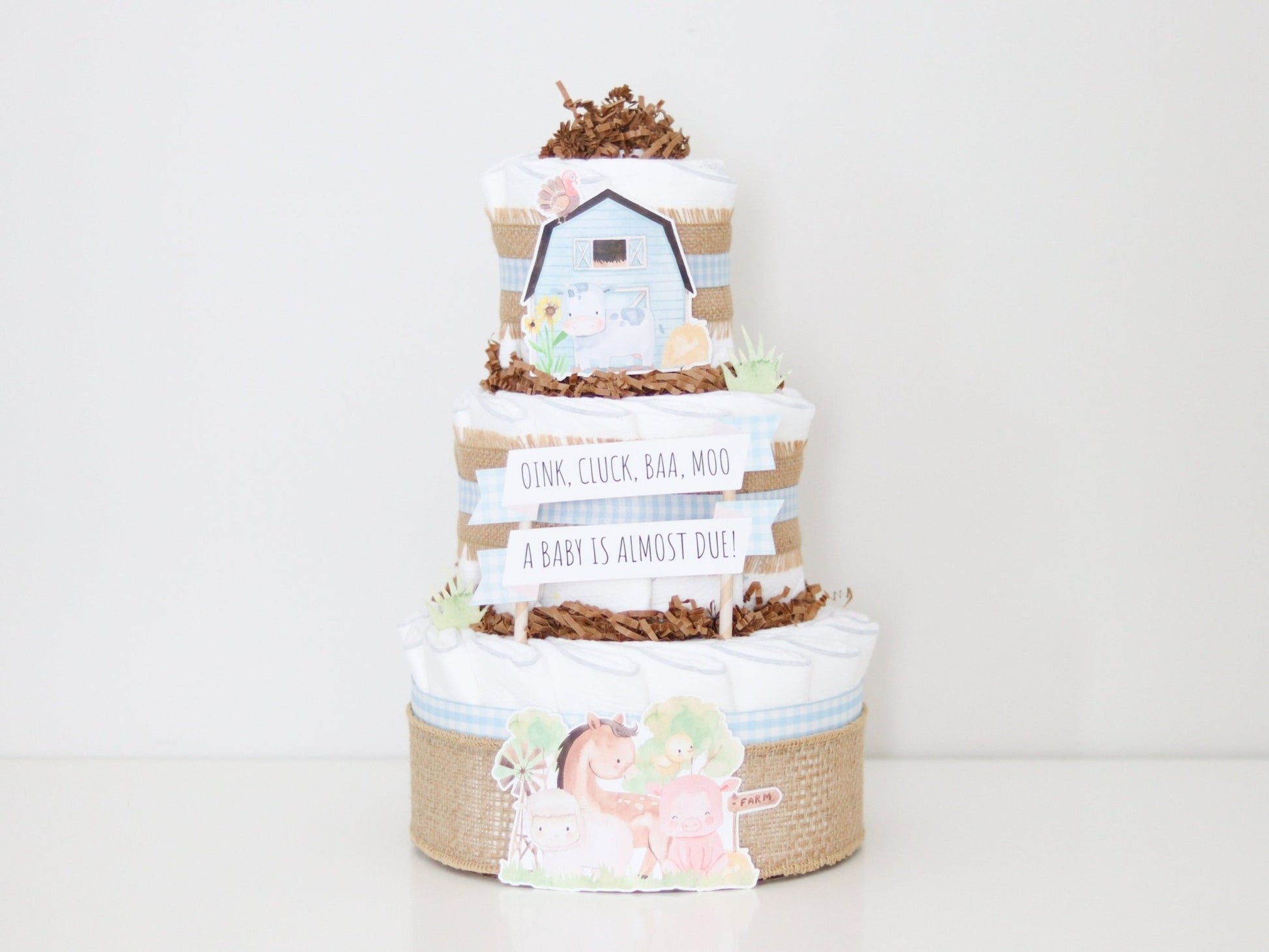 Barnyard Friends Diaper Cake - Blue - Baby Blossom Company