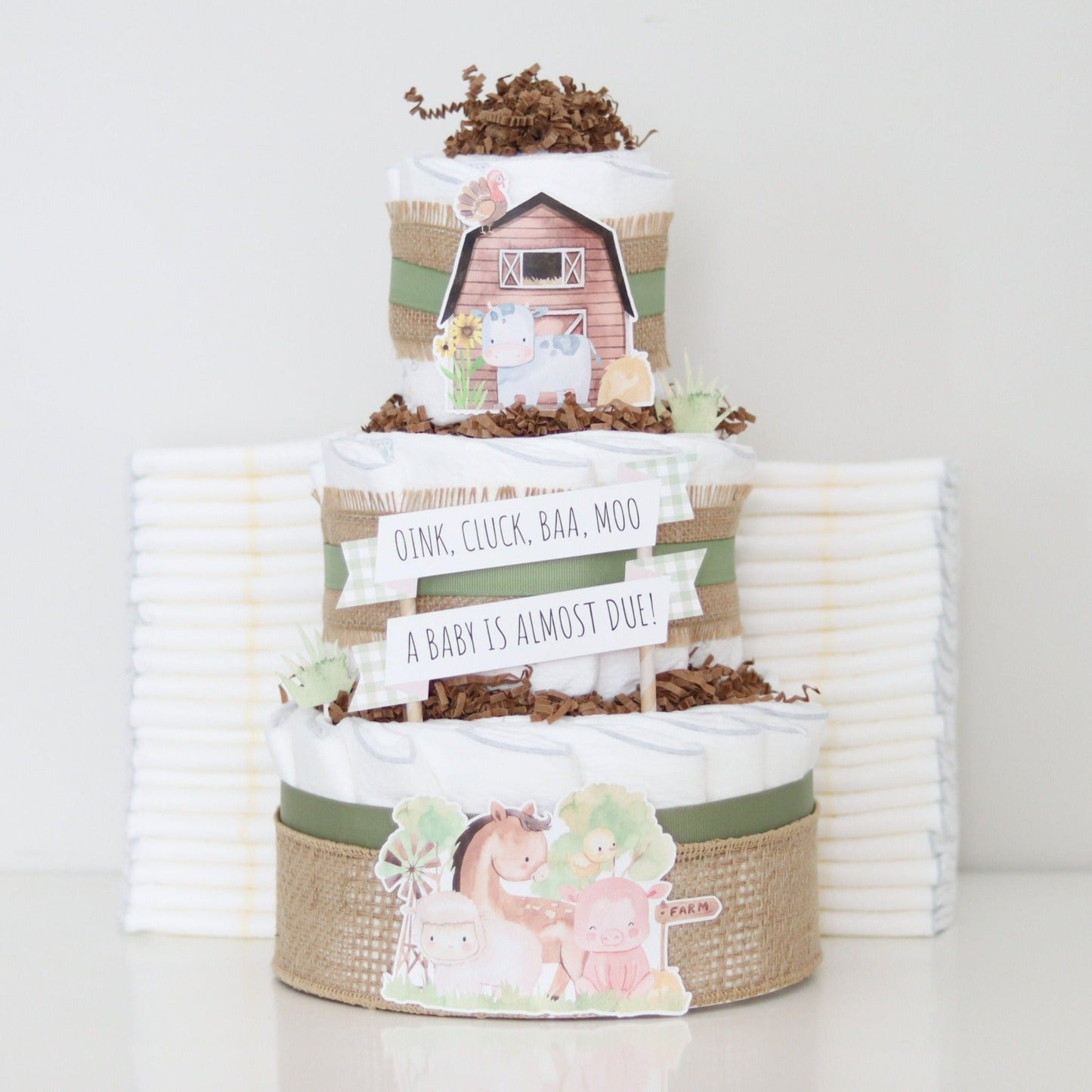 Barnyard Friends Diaper Cake - Moss - Baby Blossom Company