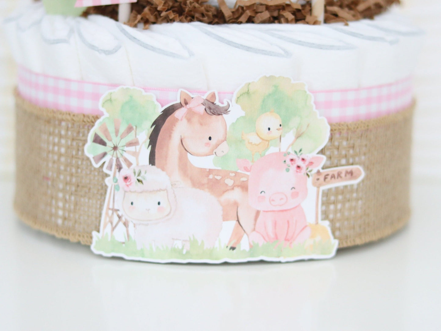 Barnyard Friends Diaper Cake - Pink - Baby Blossom Company