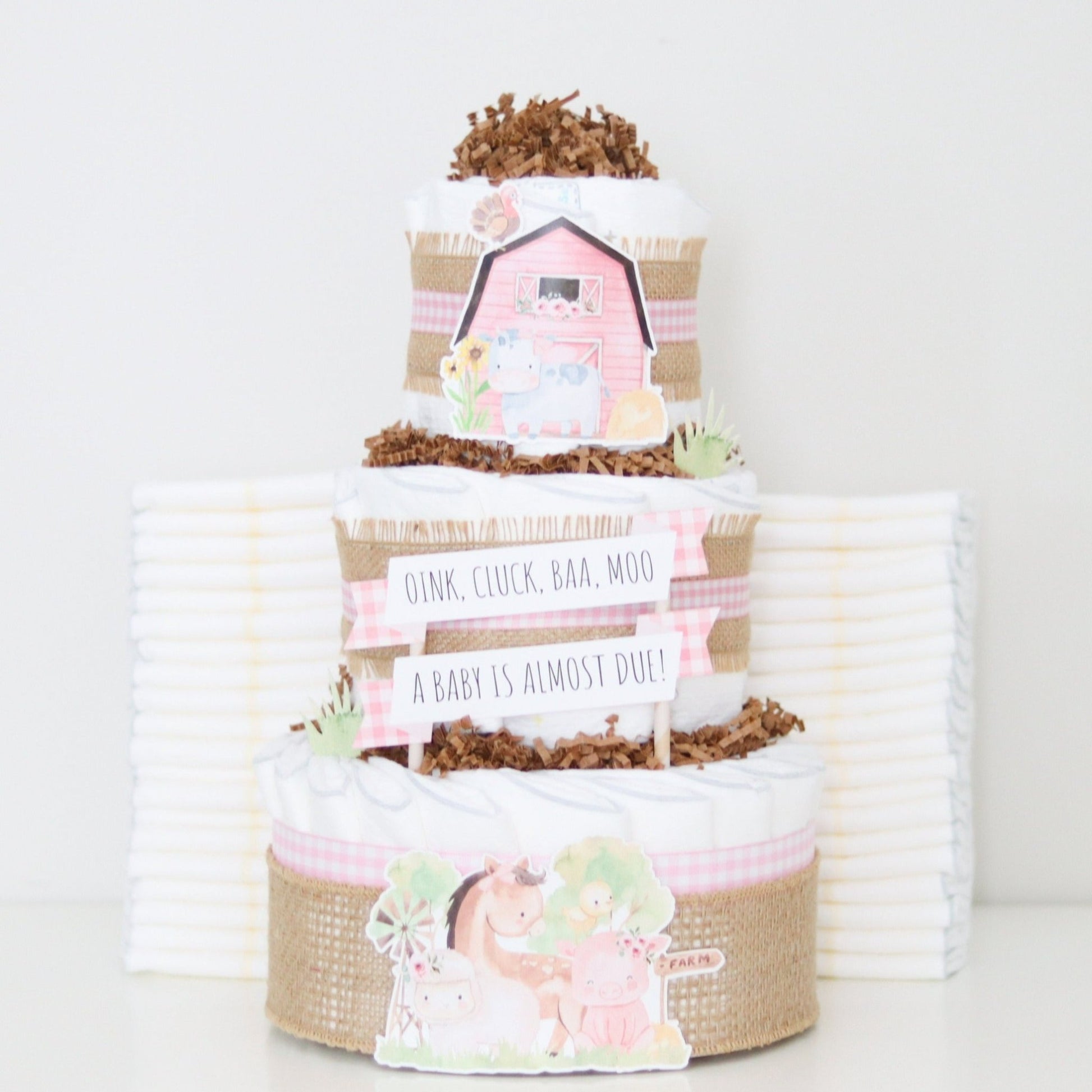 Barnyard Friends Diaper Cake - Pink - Baby Blossom Company