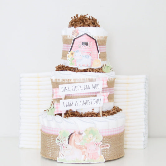 Barnyard Friends Diaper Cake - Pink - Baby Blossom Company