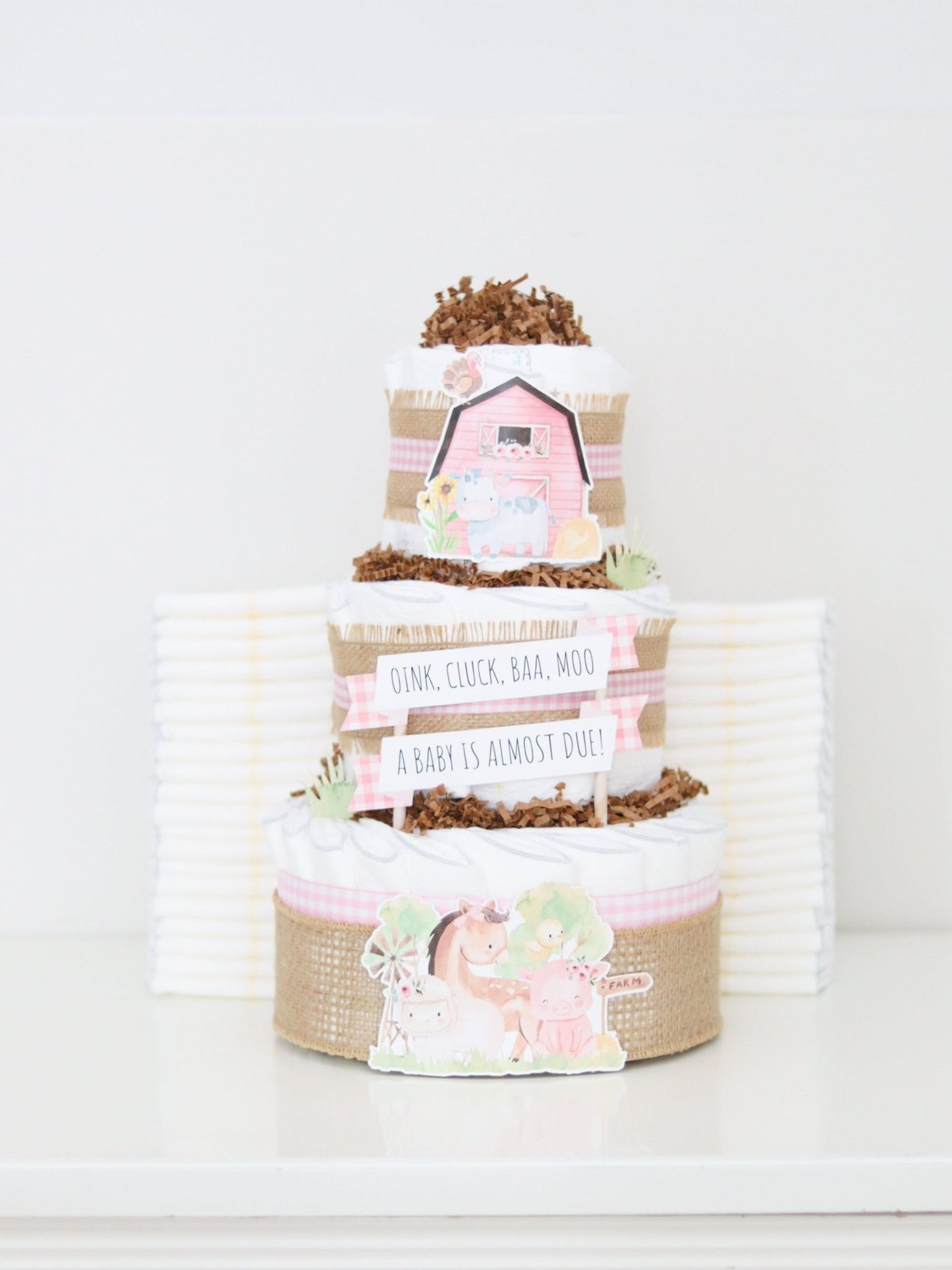 Barnyard Friends Diaper Cake - Pink - Baby Blossom Company