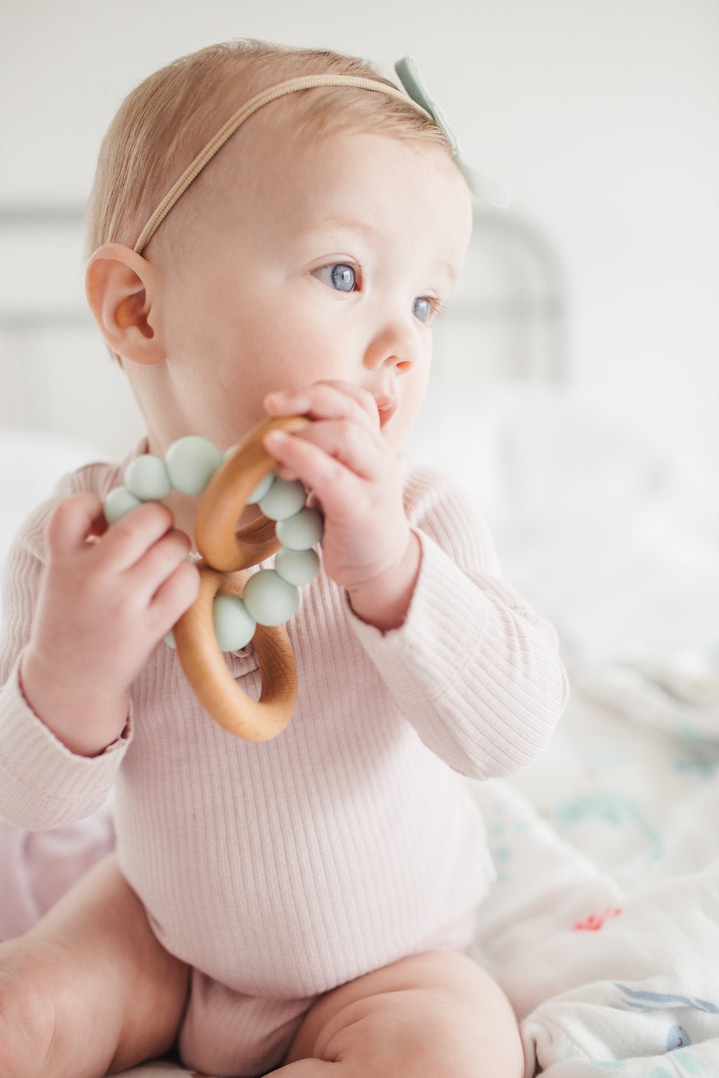 Bubble Silicone and Wood Rattle - Mint - Baby Blossom Company