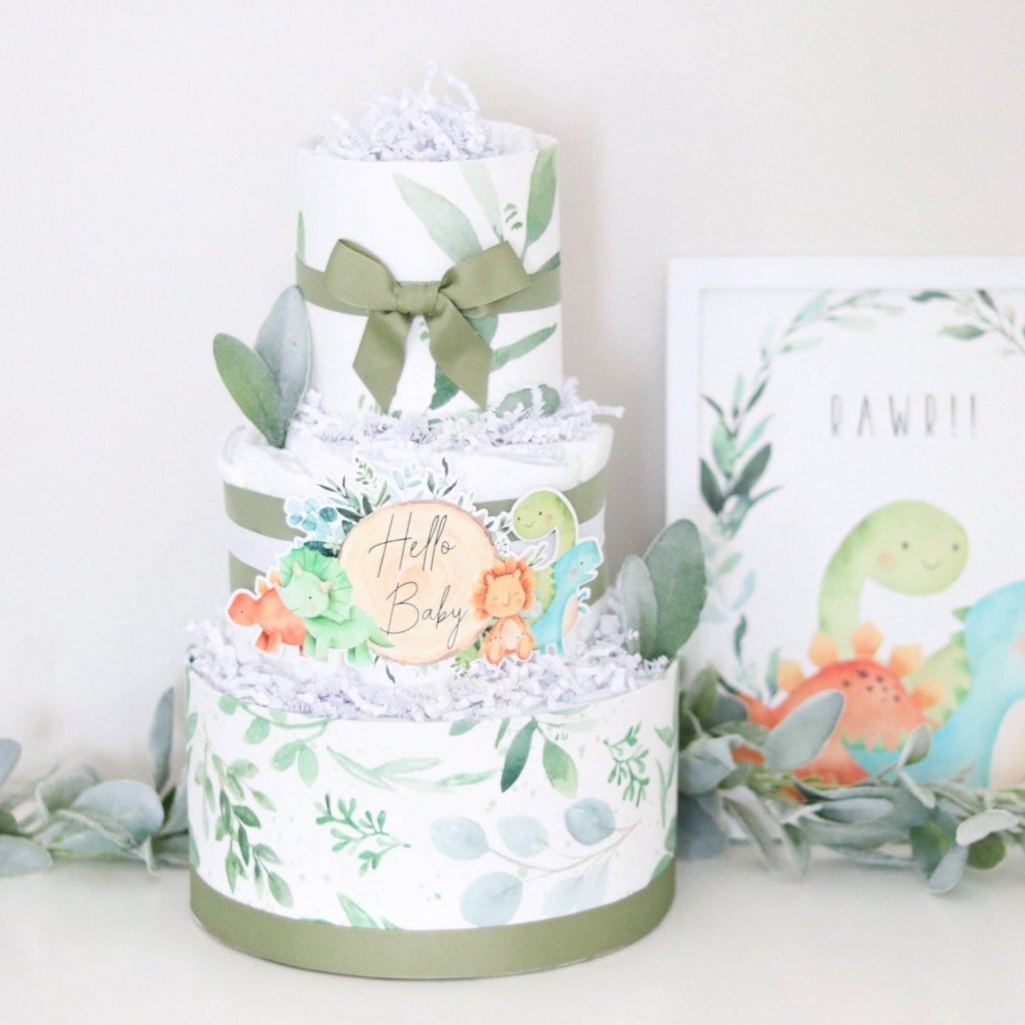 Dino Greenery Diaper Cake - Baby Blossom Company