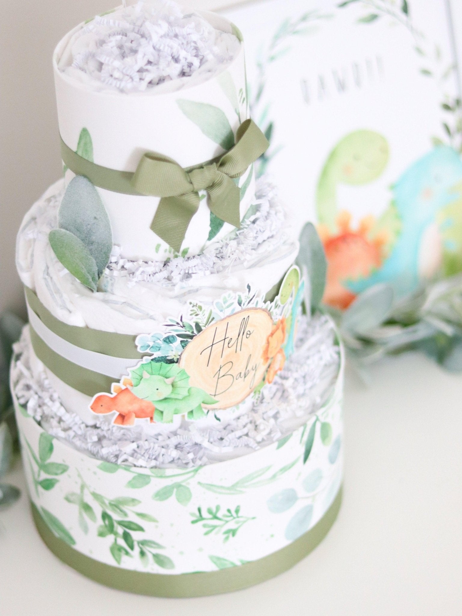 Dino Greenery Diaper Cake - Baby Blossom Company