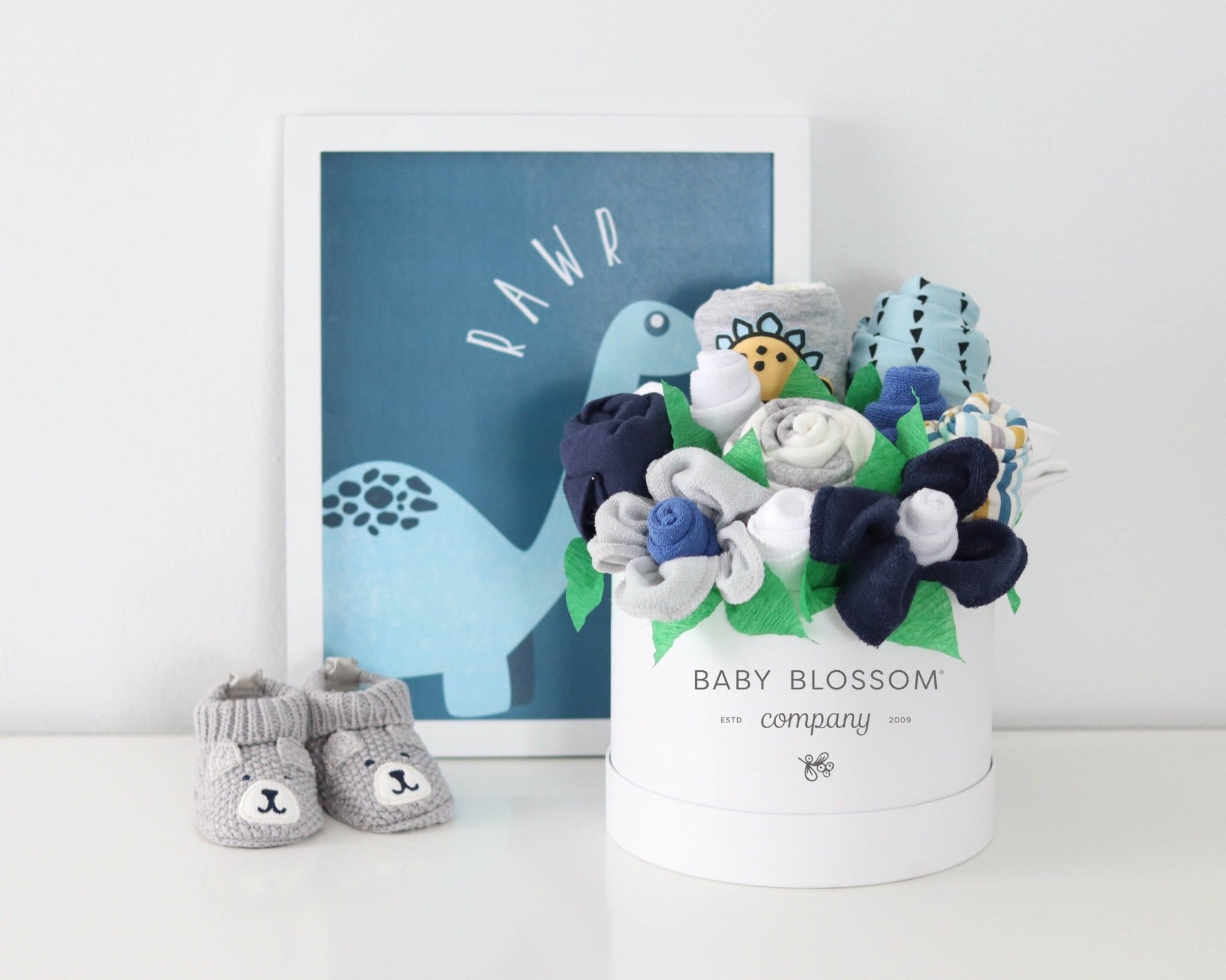 Dinosaur Blues Baby Gift Box Bouquet Collection - Baby Blossom Company