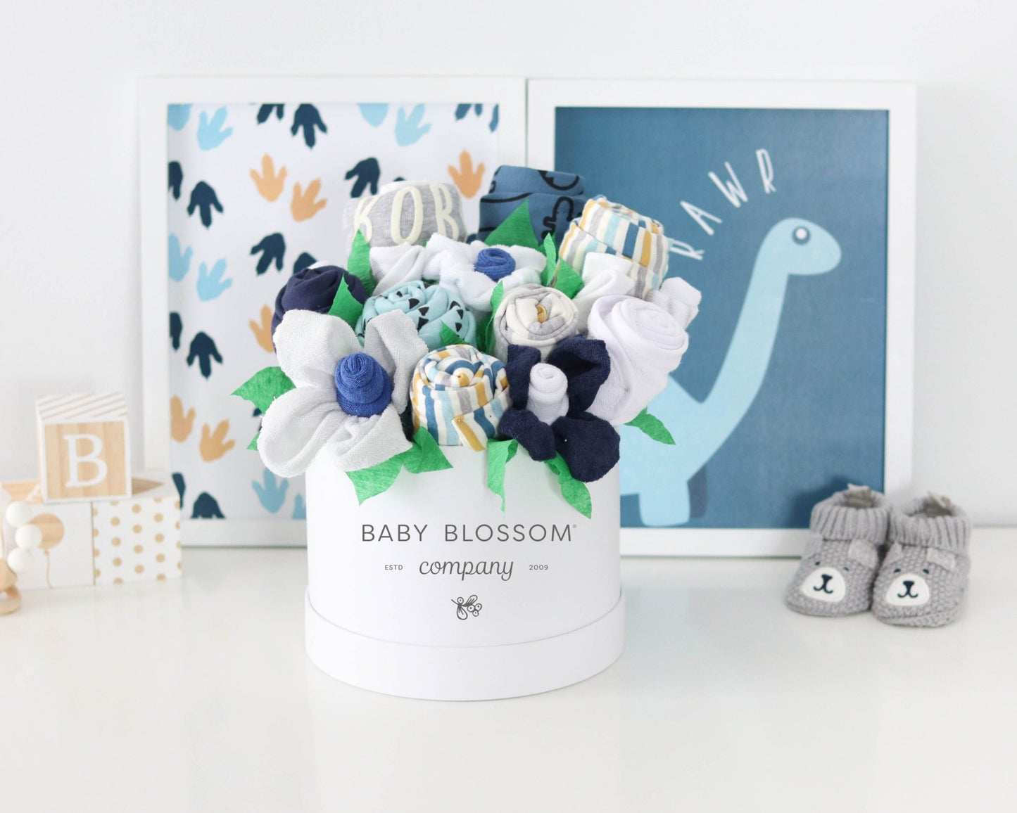 Dinosaur Blues Baby Gift Box Bouquet Collection - Baby Blossom Company