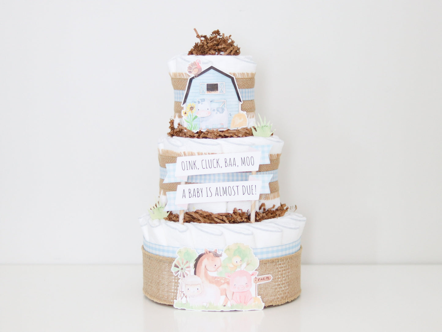 farm animal diaper cake with horse pig sheep cow chick