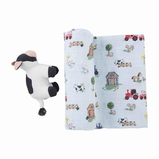Farm Swaddle and Cow Rattle - Baby Blossom Company