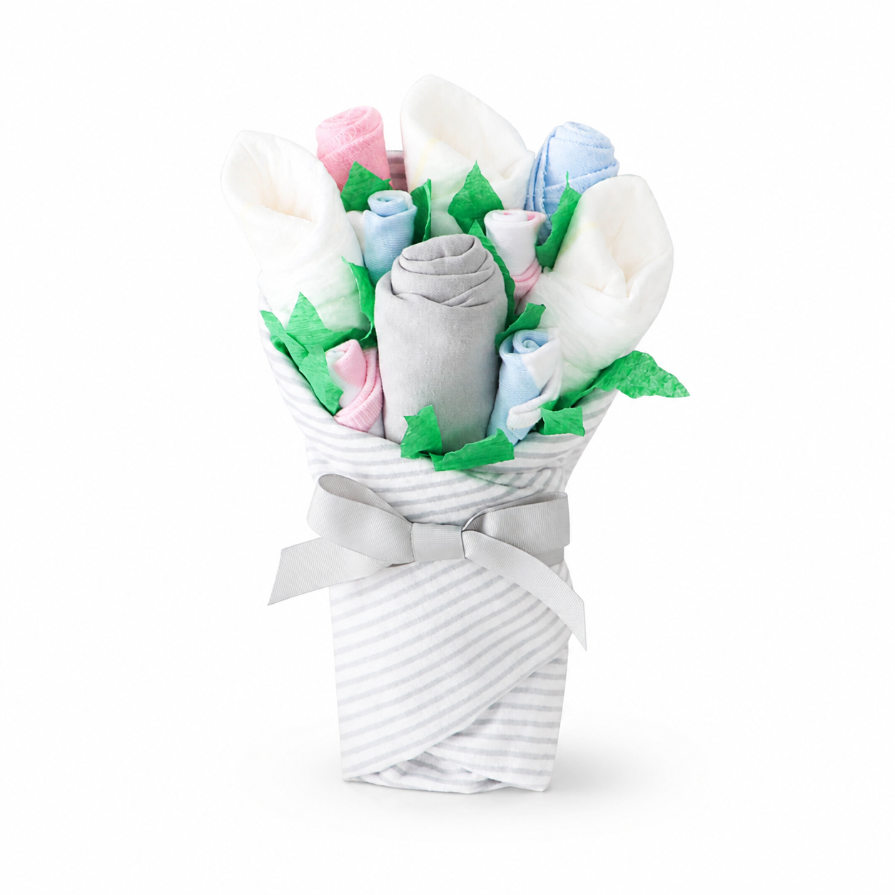 A baby gift bouquet made from rolled white, pink, blue, and gray baby clothes, wrapped in a white and gray striped blanket with a silver ribbon, set against a plain white background.