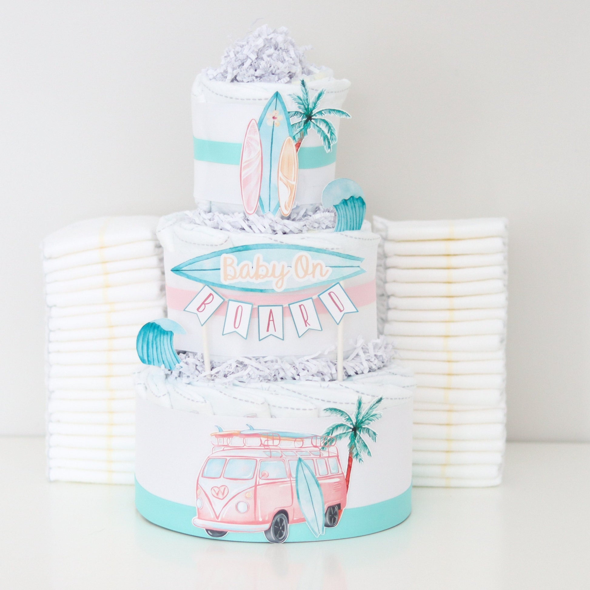 girl surfing baby shower diaper cake