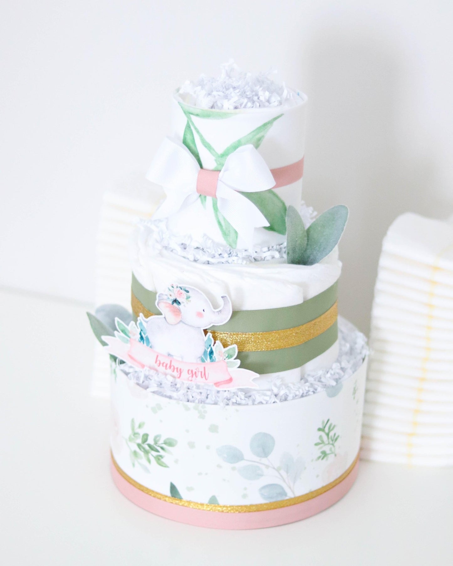 Greenery Elephant Diaper Cake - Baby Blossom Company