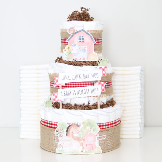red gingham barnyard diaper cake decoration
