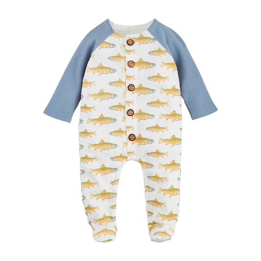 Baby onesie with fish pattern and blue sleeves on a white background