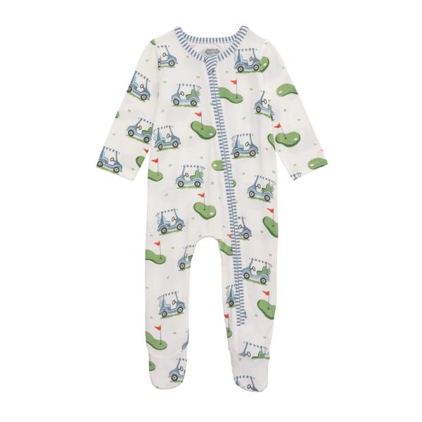Baby onesie with golf car pattern on a white background