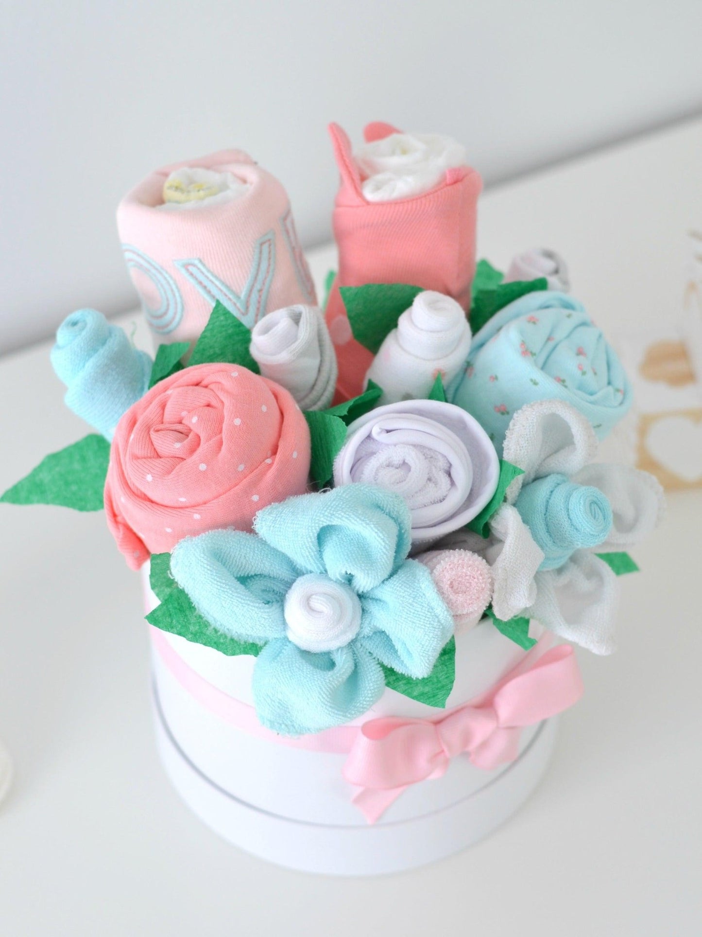 Pink + Aqua Rosette Baby Girl Gift Box Bouquet - Baby Blossom Company