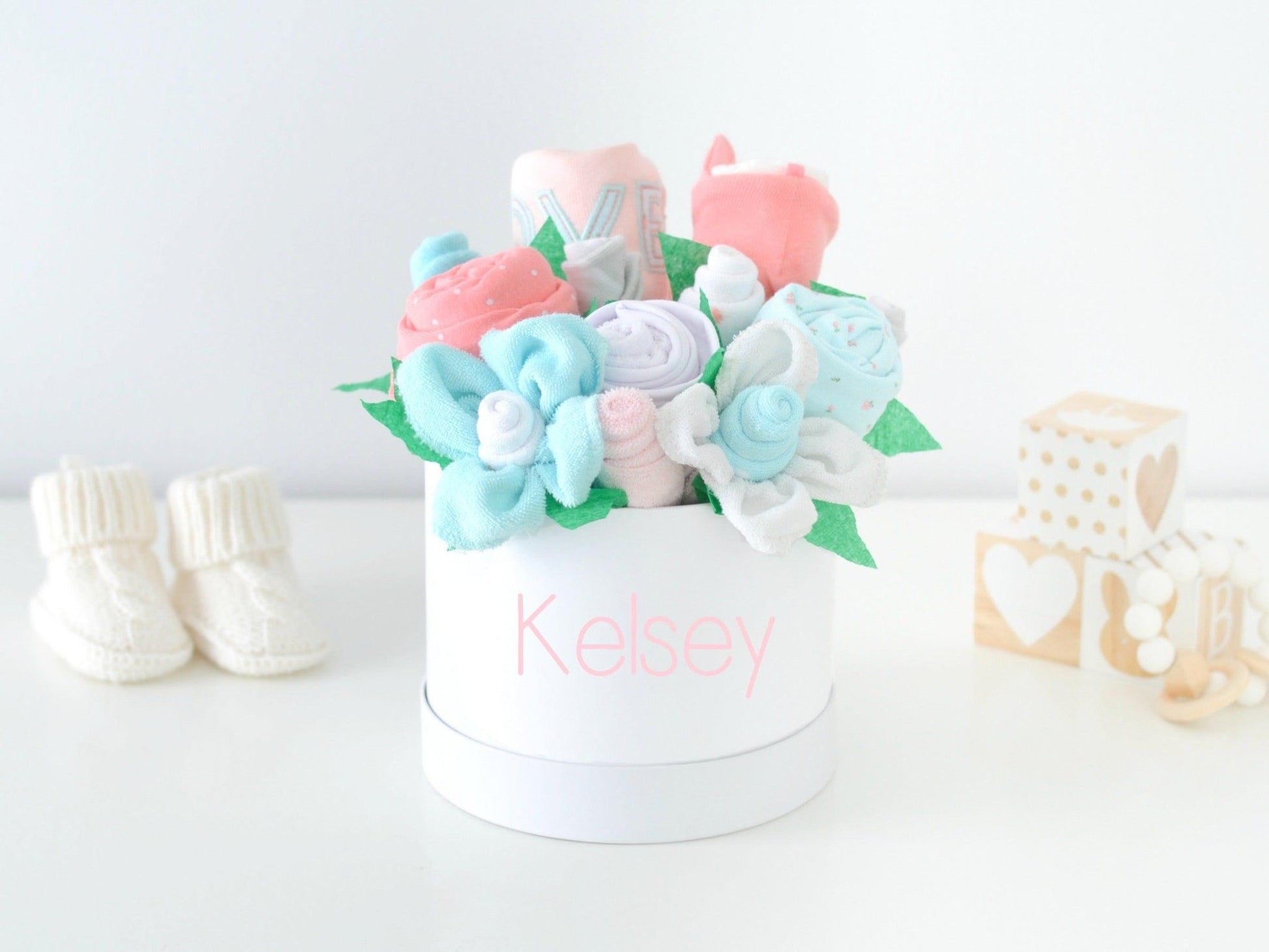 Pink + Aqua Rosette Baby Girl Gift Box Bouquet - Baby Blossom Company